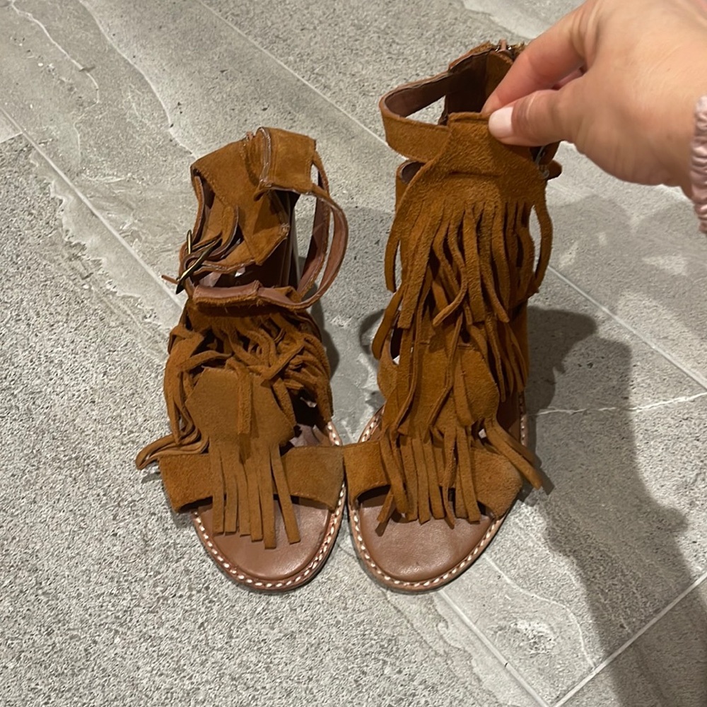 Jeffrey Campbell brown suede fringe midi heel sandal